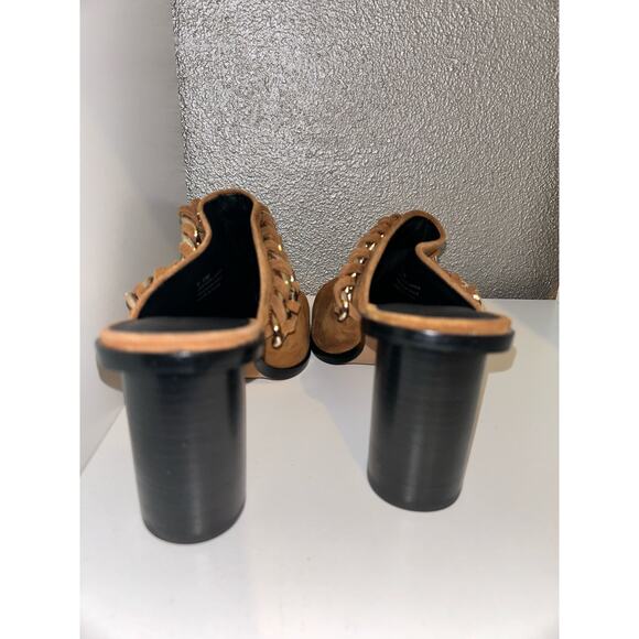 Rebecca Minkoff Galiyah Hippie Boho Edgy Saddle Suede Chain Round Stacked Heels - Picture 7 of 8